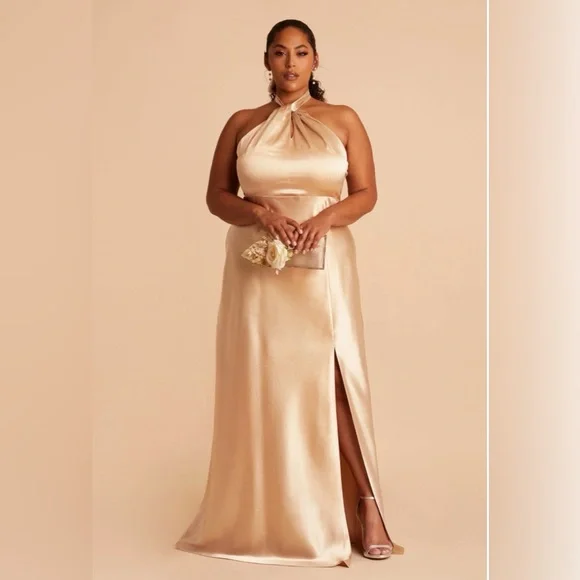 Birdy Grey Monica Shiny Satin Dress Gold Size L Bridesmaid Wedding Formal - Picture 2 of 11